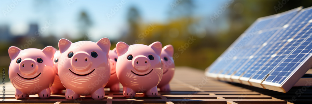 banner Pink piggy banks standing on a solar panel with a smile banner Pink piggy banks standing on a solar panel with a smile