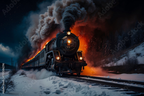 old Russian steam train passing a small station in the middle of a snowy wasteland