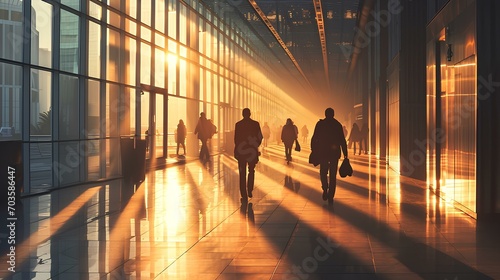 Silhouette of people walking in an office building, in the style of natural lighting. generative AI photo