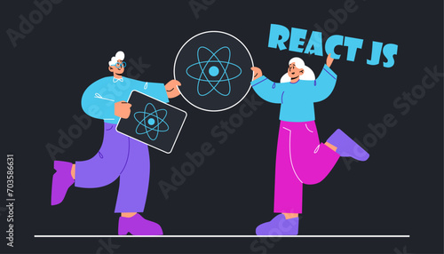 React JS, React Native mobile app development concept in a modern flat style, icons, logo. Flat stock vector illustration.