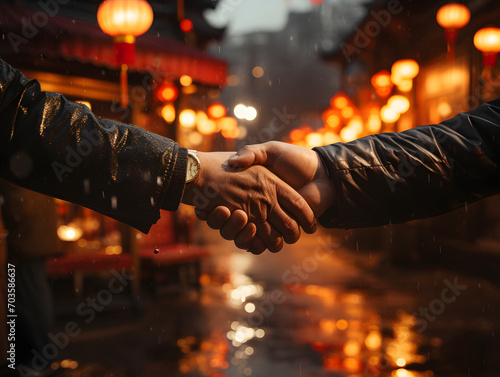 Handshake at Chinese New Year Festival with Blurred Lantern Light Background
