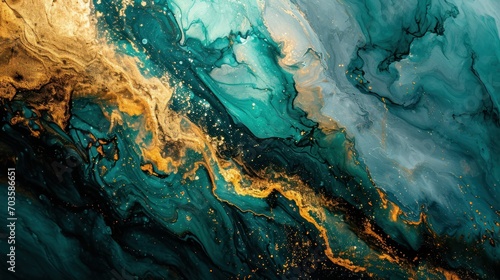 Abstract art of fluid colors in blue and gold mix. Marble background.