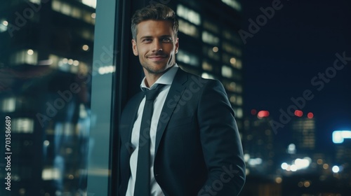 Portrait of a handsome businessman standing by the window at night in the city.
