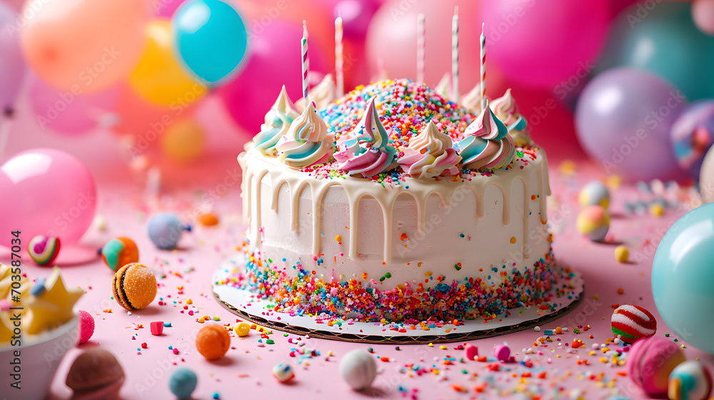 Indulge in a colorful and decadent birthday treat adorned with sweet icing, vibrant sprinkles, and flickering candles, perfect for any celebration Indulge in a colorful and decadent birthday treat adorned with sweet icing, vibrant sprinkles, and flickering candles, perfect for any celebration