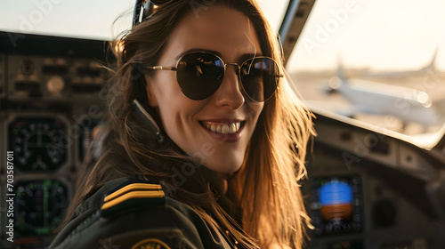 Portrait photos of beautiful woman pilot. Wearing sunglasses, captain of a civilian airplane. wearing a standard captain's outfit with a hat. smiling.