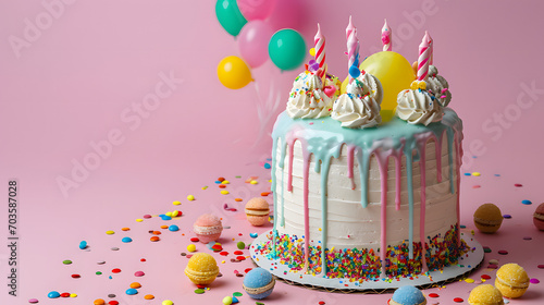 An elaborate birthday cake adorned with colorful balloons and flickering candles, ready to be devoured at a joyous celebration filled with sweetness and indulgence photo
