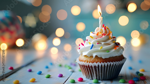A festive cupcake  adorned with sugary buttercream and colorful sprinkles  boasts a single lit candle atop its creamy surface  exuding warmth and sweetness in anticipation of a celebratory birthday t