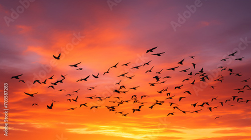 A flock of birds taking flight at sunrise silhouetted against a vibrant orange and pink sky.