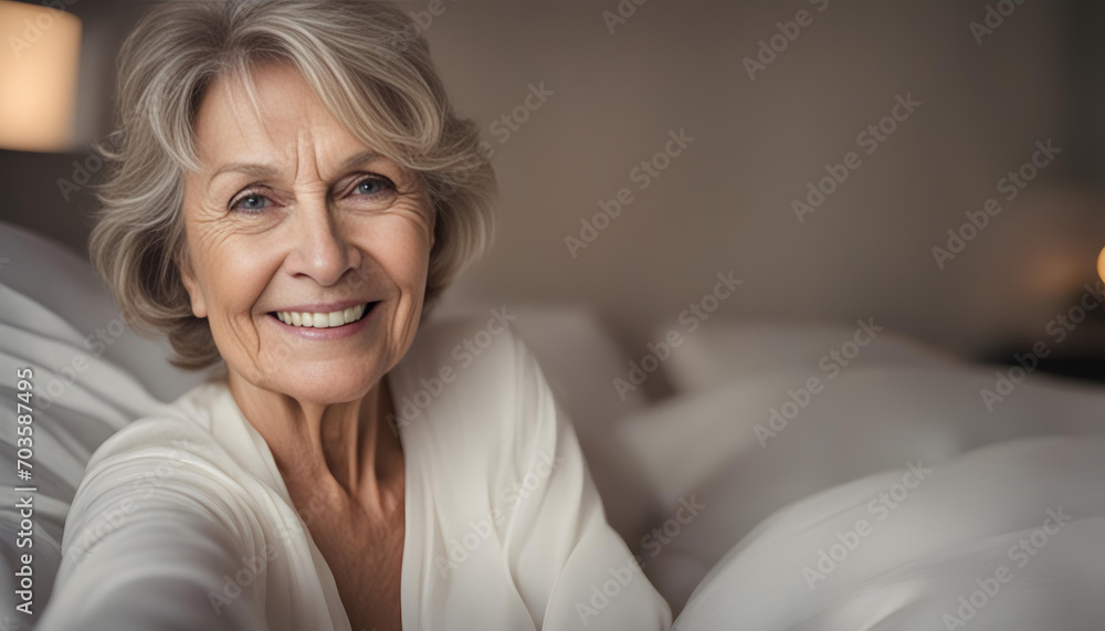 Beautiful Selfie of a Smiling 67-Year-Old Woman with Dark Blonde Hair, Just Woke Up in Bed Beautiful Selfie of a Smiling 67-Year-Old Woman with Dark Blonde Hair, Just Woke Up in Bed