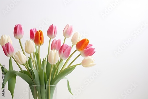 Bright and soft tulips of various shades harmoniously blend on a light monochrome background © InfiniteStudio