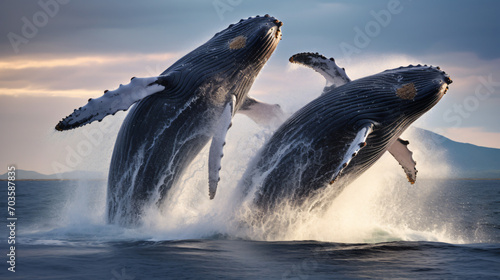 A group of humpback whales breaching the ocean surface displaying their power and grace in a spectacular display. © John