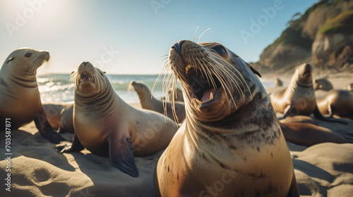 A group of playful sea lions resting on a sunny beach interacting with each other in their natural habitat.