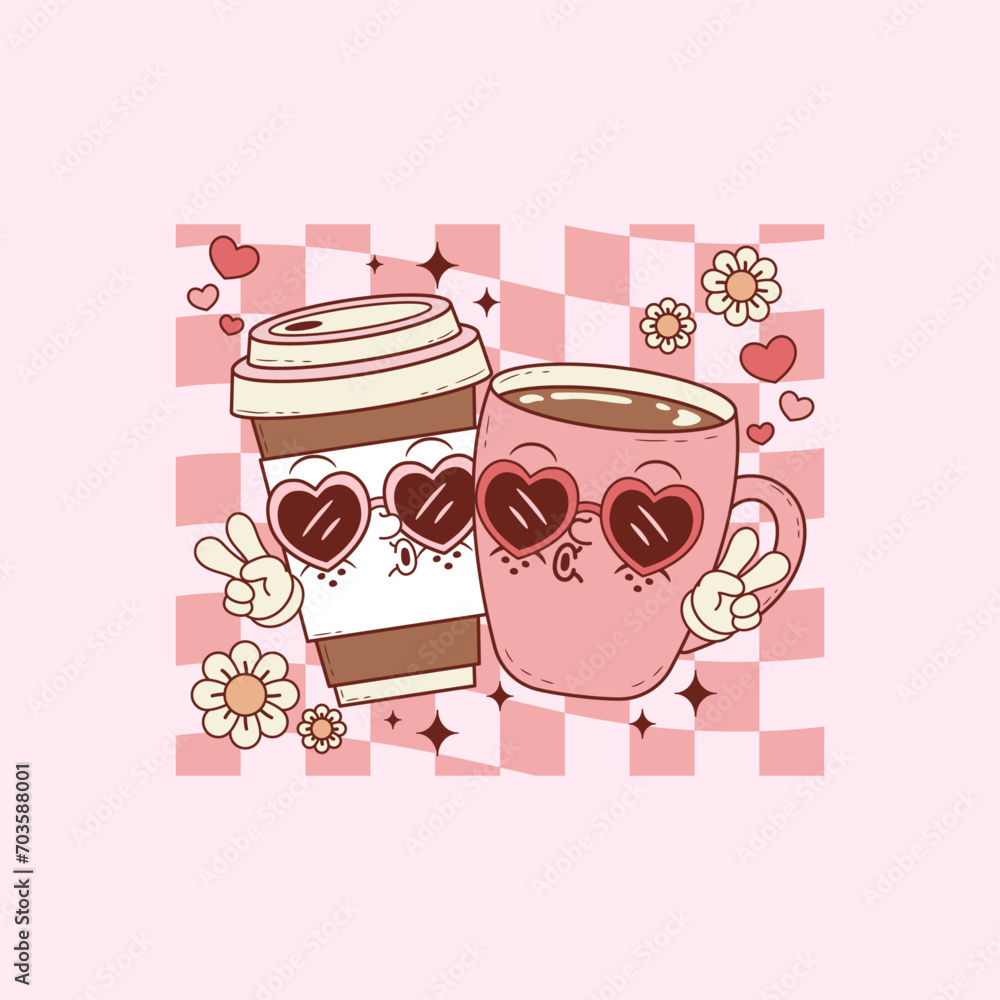 cute retro illustration of espresso and coffee cup with heart glasses for coffee lovers and lovers in love cute retro illustration of espresso and coffee cup with heart glasses for coffee lovers and lovers in love