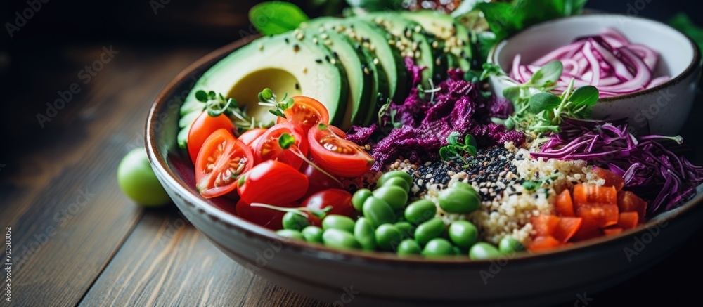 Vegan lunch bowl with avocado, quinoa, tomato, cucumber, red cabbage, green peas, and radish salad.