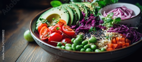 Vegan lunch bowl with avocado  quinoa  tomato  cucumber  red cabbage  green peas  and radish salad.