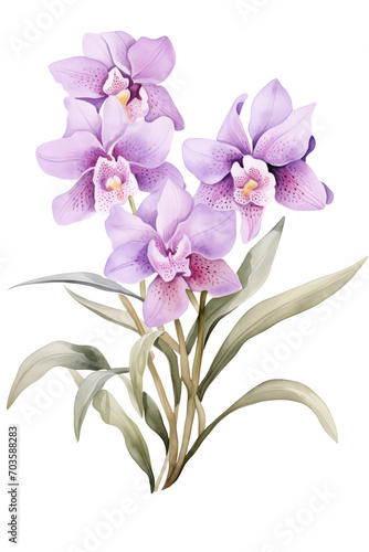 Watercolor Orchid flower png. Purple floral arrangement botanical illustration isolated with a transparent background.  Blossom flowers design.