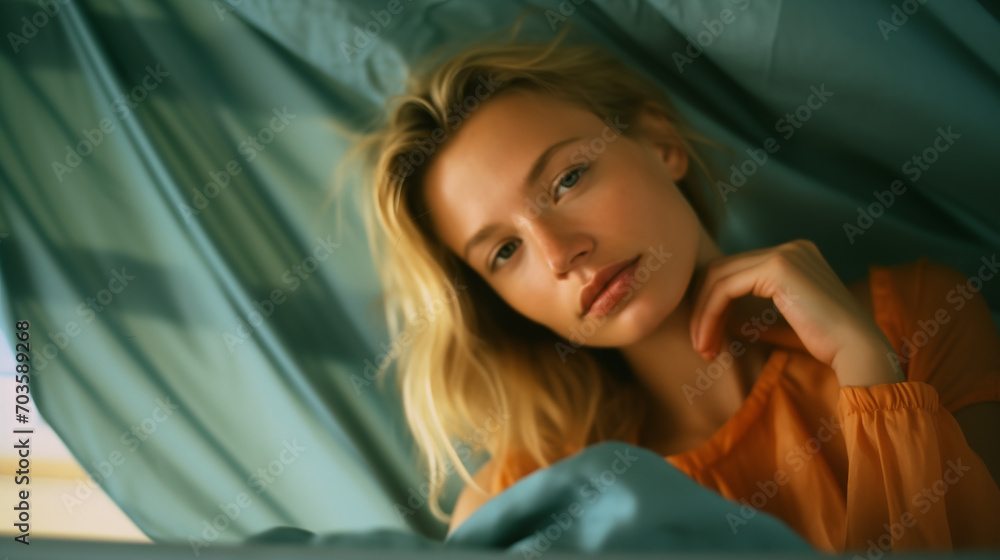 Retrato fotográfico amateur de una mujer joven rubia de ojos claros de unos años 30 en un dormitorio, inexpresiva, con rayos de sol, Retrato fotográfico amateur de una mujer joven rubia de ojos claros de unos años 30 en un dormitorio, inexpresiva, con rayos de sol,