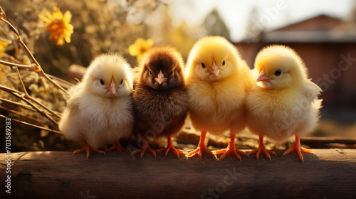 Five baby chicks of various colors, yellow, brown, dark standing in a row on a wooden log at setting sun, with rustic background on tranquil farm. Springtime Rural life on Easter.