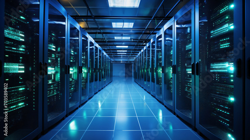 An advanced data center with rows of server racks LED lights and fiber optic cables symbolizing the backbone of modern internet infrastructure.