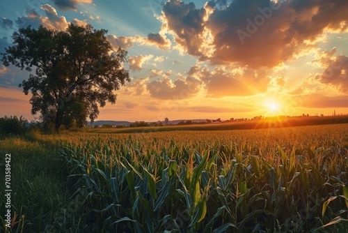 Sunset over corn field with blue sky and clouds, agricultural landscape, background