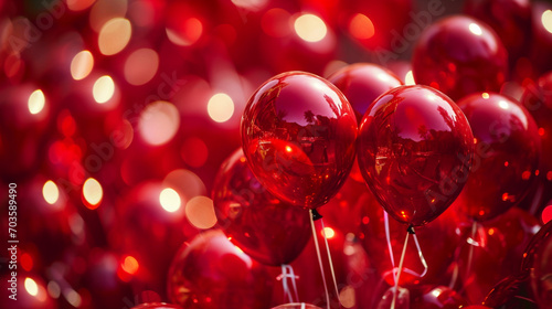 Ballons de baudruche de couleurs rouge, sur fond rouge. Espace vide de composition. Ambiance romantique, anniversaire, Saint-Valentin, amour. Pour conception et création graphique.