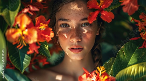 woman with sun-kissed skin among tropical flowers generative ai © Kelly