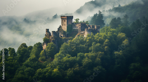 An ancient stone castle perched atop a hill surrounded by a dense misty forest.