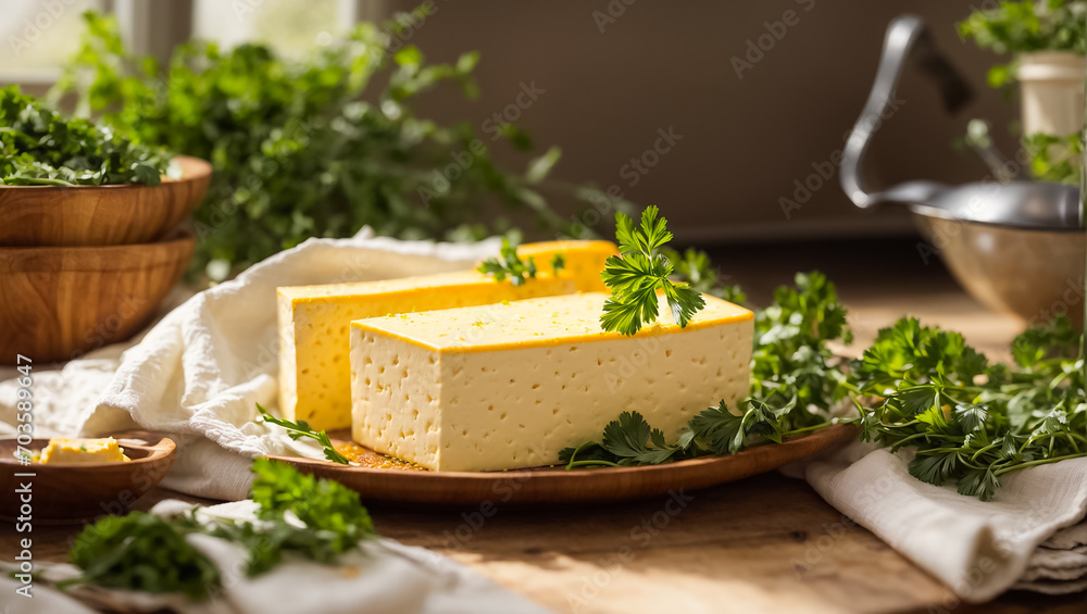Fresh tofu cheese with parsley in the kitchen nutrition