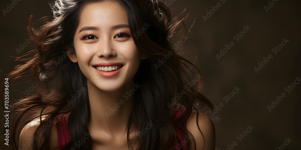 Portrait of a Smiling Long Haired and Young Asian Woman with Copy Space Background, for Beauty, Fashion, Skincare or Cosmetic Products Portrait of a Smiling Long Haired and Young Asian Woman with Copy Space Background, for Beauty, Fashion, Skincare or Cosmetic Products