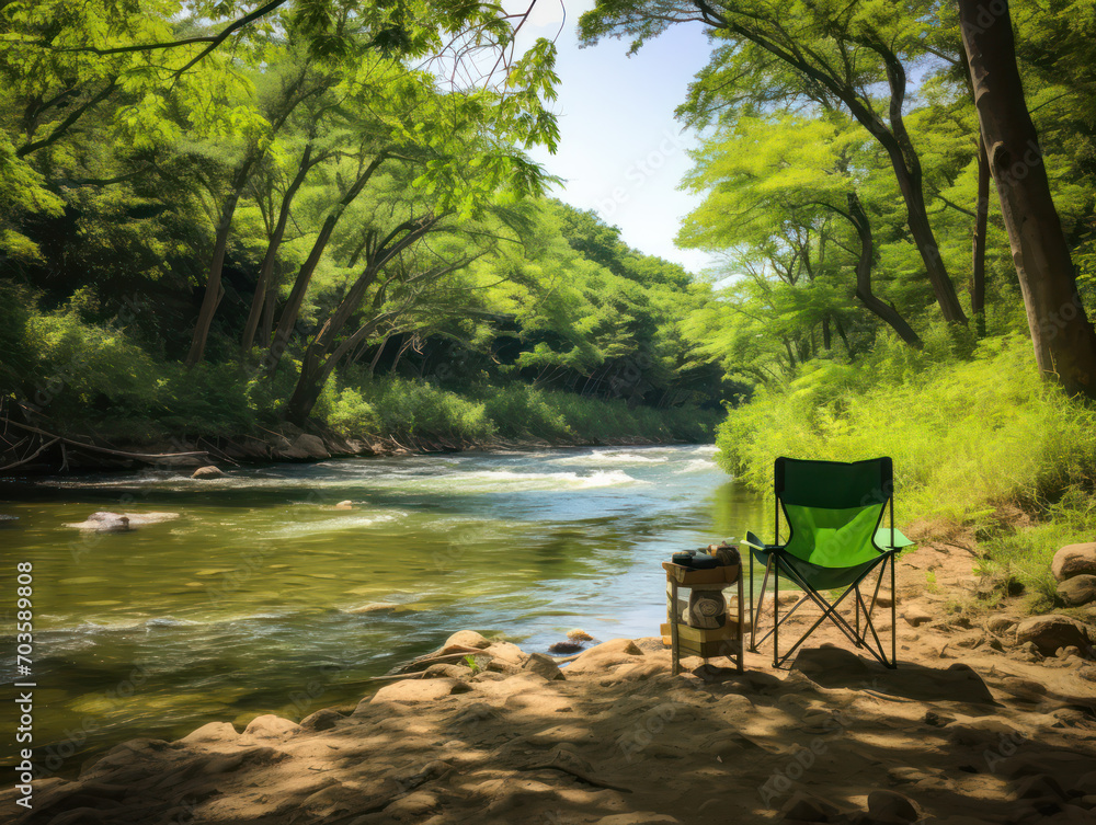 Camping chairs beside the river in the middle of the forest