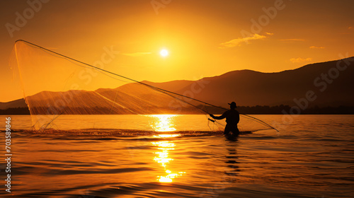 An early morning fisherman casting his net at sunrise with the suns rays creating a golden path on the water.