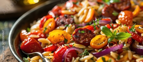 Roasted pepper and chorizo orzo salad includes red peppers, red onion, chorizo, cherry tomatoes, and orzo pasta. photo