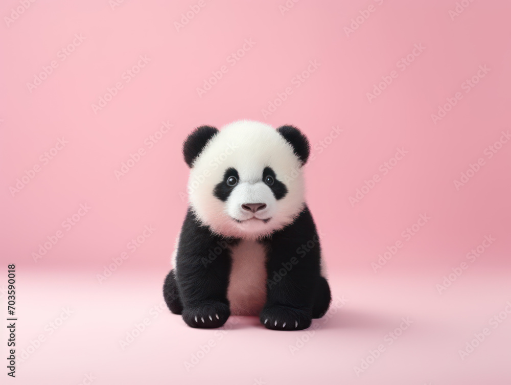 Fototapeta premium Cute baby panda sitting isolated on pink background