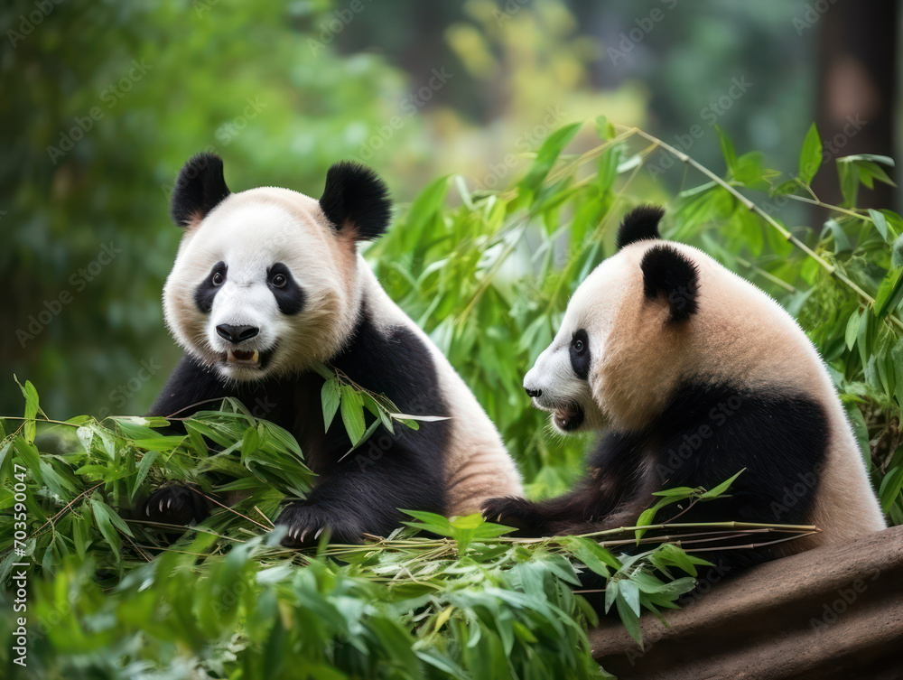 Panda couple in the middle of a bamboo forest, pandas live in their natural habitat Panda couple in the middle of a bamboo forest, pandas live in their natural habitat