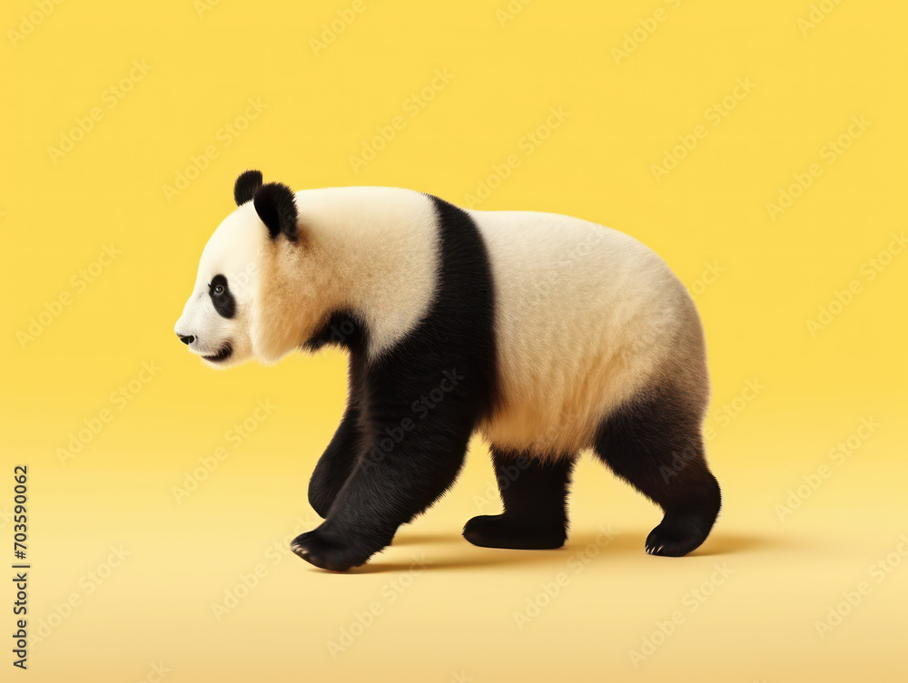 Obraz premium Panda walking isolated on yellow background