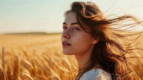 woman with windblown hair in a field of golden wheat generative ai © Kelly