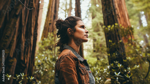 Woman with a confident gaze standing among redwood trees, forest background generative ai