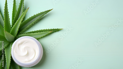 Jar of cream with aloe vera on green background, top view photo