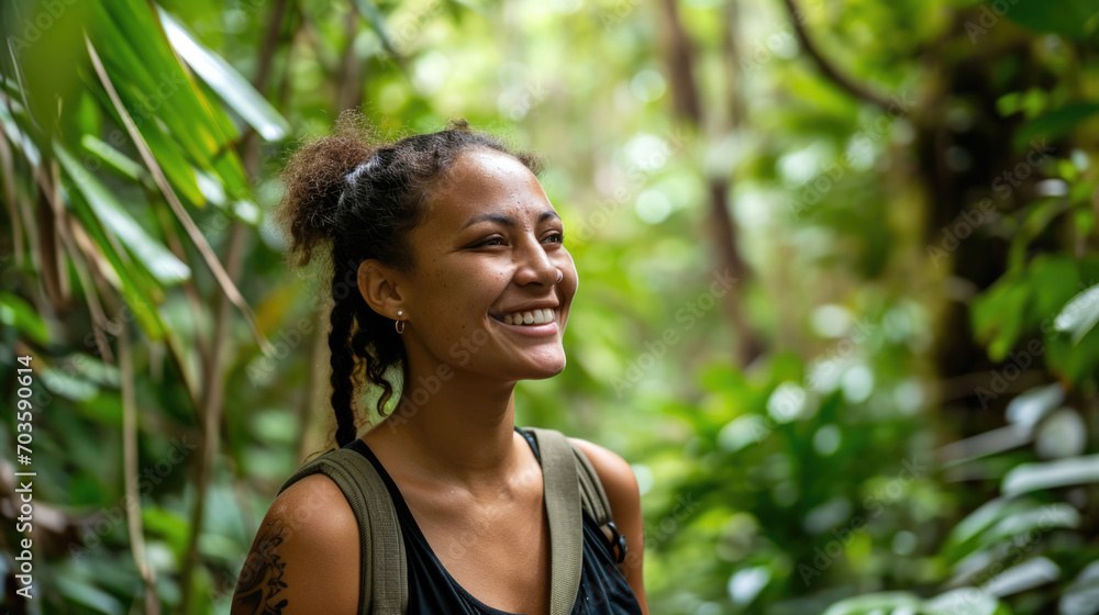 Woman with a joyful smile standing in a rainforest, lush greenery background generative ai Woman with a joyful smile standing in a rainforest, lush greenery background generative ai