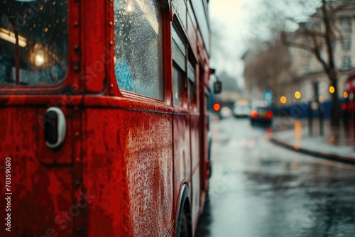 A red double decker bus driving down a street. Suitable for travel and transportation themes photo