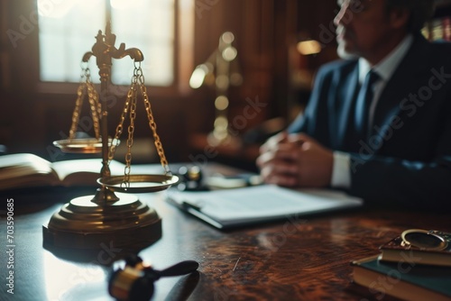 A man in a suit sits at a desk with a scale of justice. This image can be used to represent concepts such as law, justice, balance, or legal profession photo