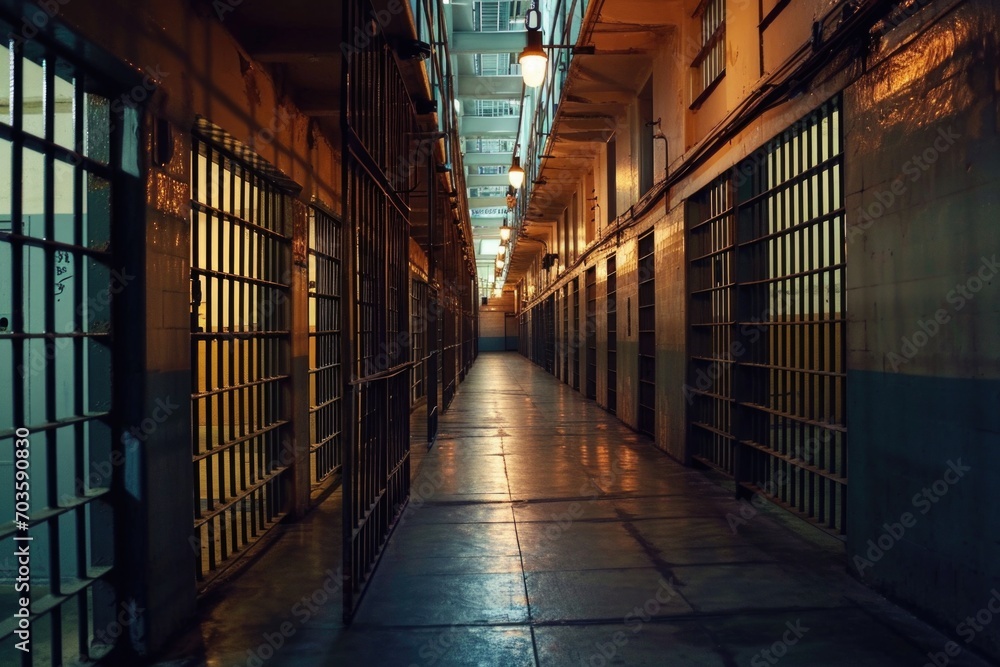 A long hallway inside a jail cell. This image can be used to depict incarceration, prison life, or justice system-related concepts