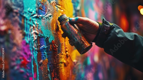 A person using a paintbrush to create a mural on a wall. This image can be used for artistic projects and interior design inspirations photo