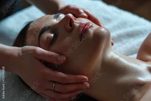 A woman is shown receiving a facial massage at a spa. This image can be used to promote relaxation and self-care
