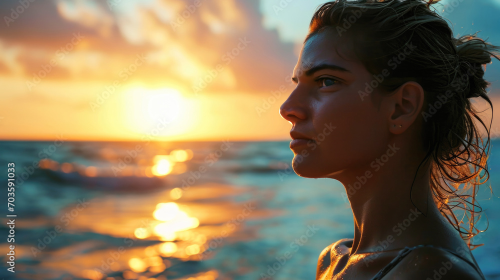 Woman with a serene expression on a serene beach at sunrise, ocean background generative ai Woman with a serene expression on a serene beach at sunrise, ocean background generative ai