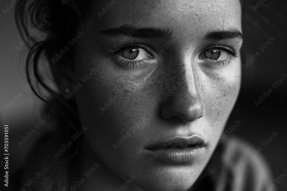 A black and white photo capturing the natural beauty of a woman with freckles. This image can be used to showcase individuality and diversity A black and white photo capturing the natural beauty of a woman with freckles. This image can be used to showcase individuality and diversity
