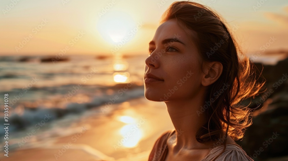 Woman with a serene expression on a serene beach at sunrise, ocean background generative ai Woman with a serene expression on a serene beach at sunrise, ocean background generative ai