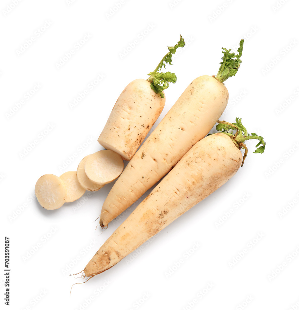 Fresh daikon radishes on white background Fresh daikon radishes on white background