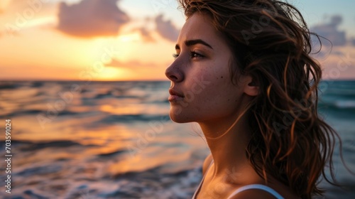 Woman with a serene expression on a serene beach at sunrise, ocean background generative ai