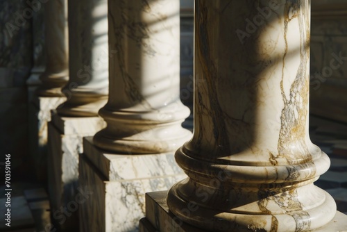 A row of marble pillars in a building. Can be used to depict architectural beauty or historical significance photo